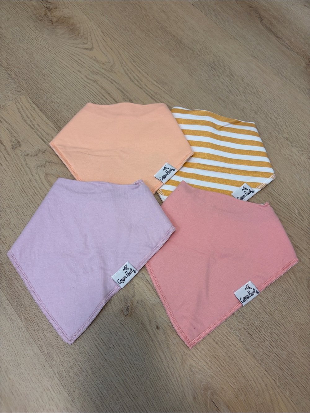 NWOT Copper Pearl Baby Bandana Bibs - Pastel Peach, Pink, Lilac & Gold Stripe